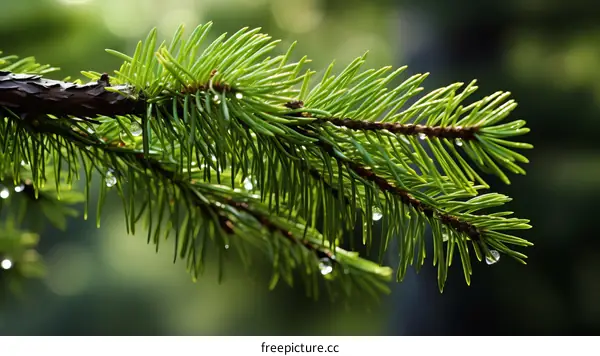 Close-up of wet pine tree branches glistening in the sun
