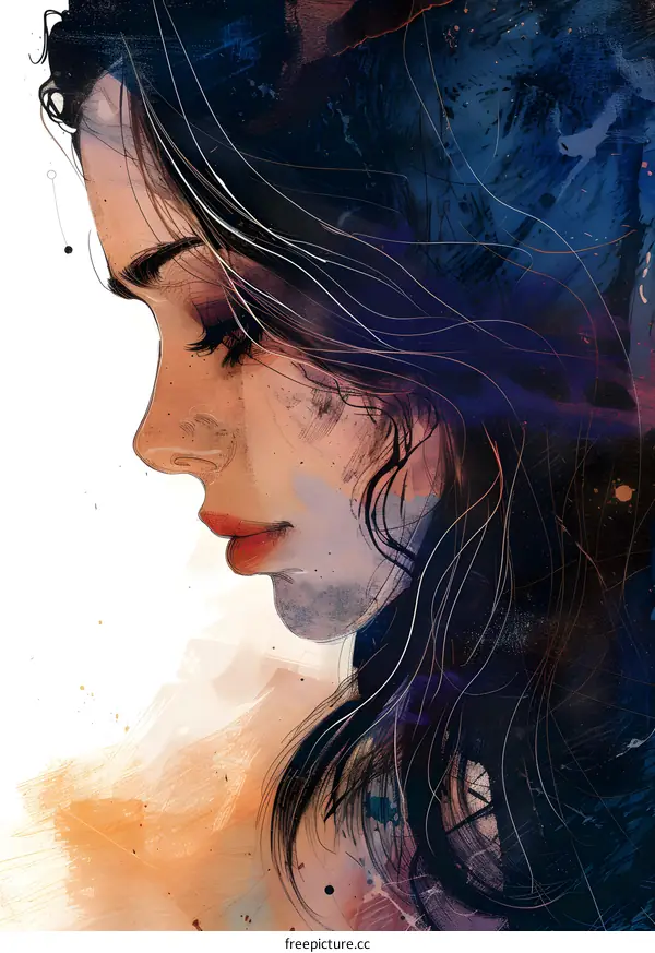 An illustration of a womans face in profile with dark hair and a blue background