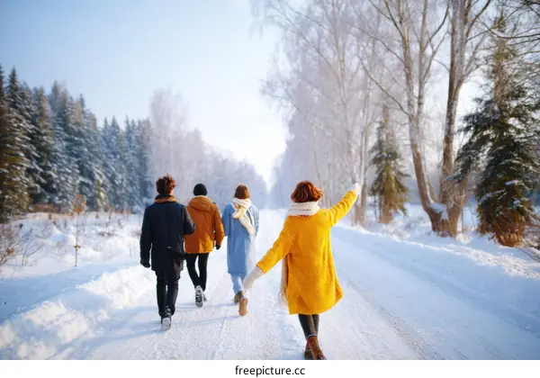 Winter Walk in Snowy Forest with Four People