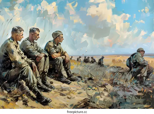 A group of soldiers sitting on a hill looking at the horizon during World War II