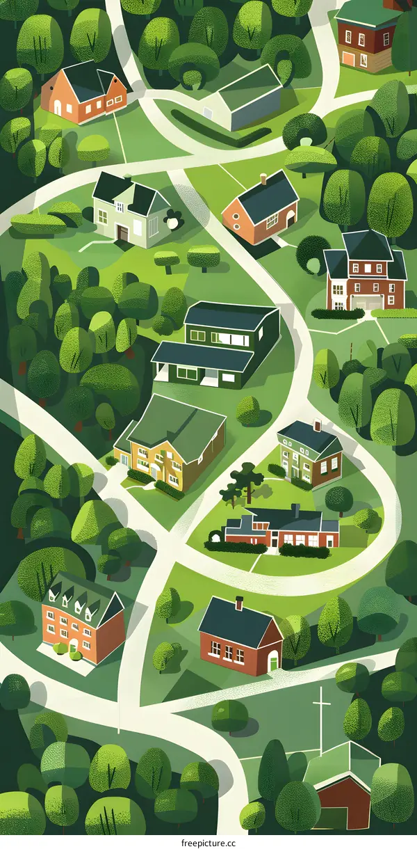 Green Village Aerial View with Homes and Trees Illustration