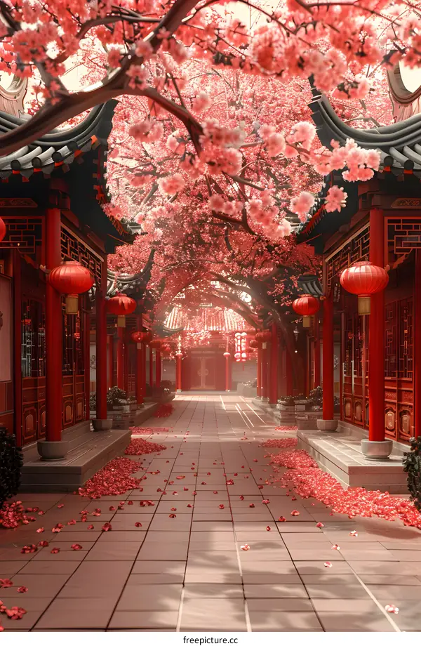 Chinese courtyard with cherry blossoms