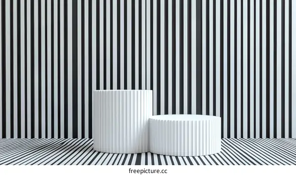Abstract Minimalist White Podium on Black and White Striped Background