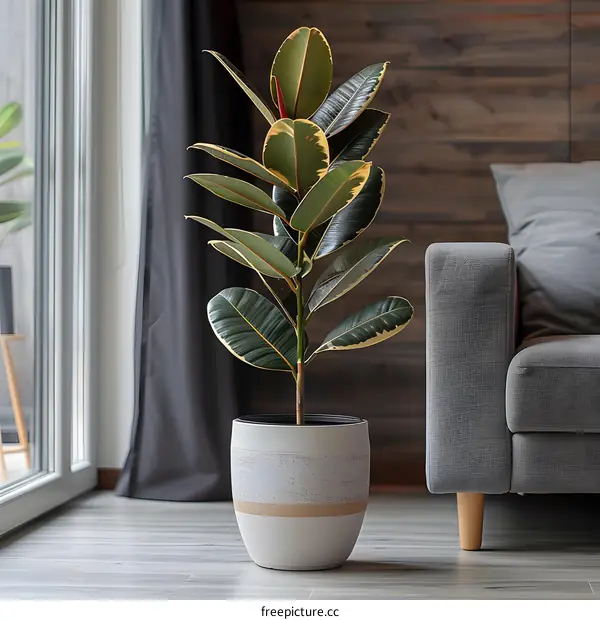 Fiddle Leaf Fig Plant in White Pot with Gray Couch in the Background