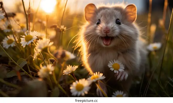 Cute Brown Mouse in a Daisy Field at Sunset