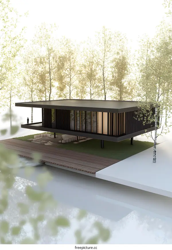 Modern Black House with a Deck in a Forest
