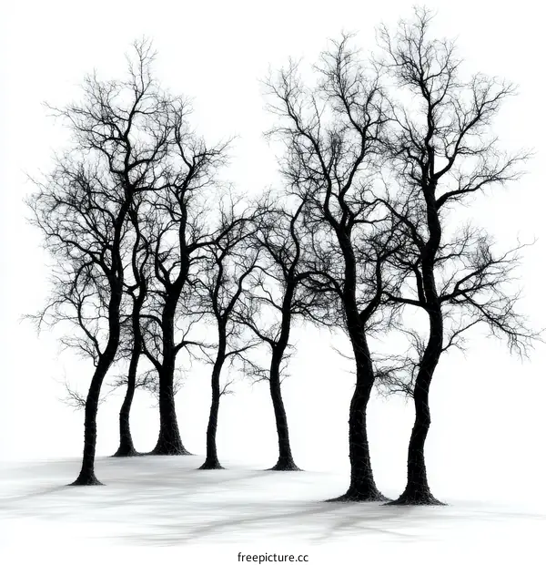 Silhouette of Bare Trees Against a White Background
