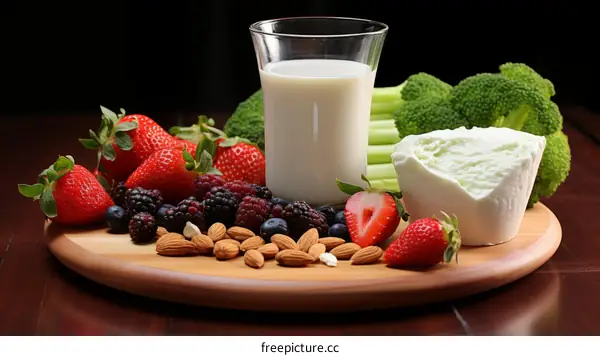 Healthy Snack with Fresh Fruits, Berries, and Almonds on a Wooden Table