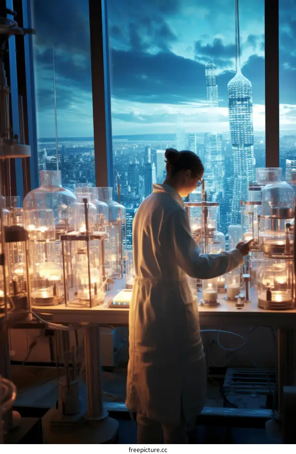 Female Scientist Working in a Futuristic Laboratory with City Skyline
