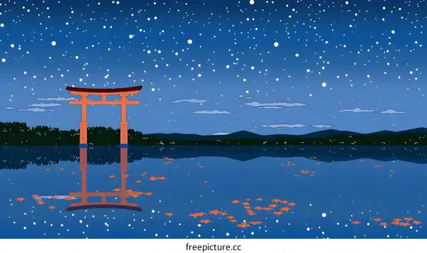 Japanese shrine gate at night with snow falling over a lake with autumn leaves floating on the water