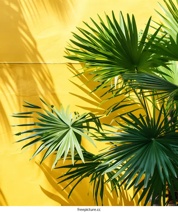 Tropical Leaves Against Yellow Wall