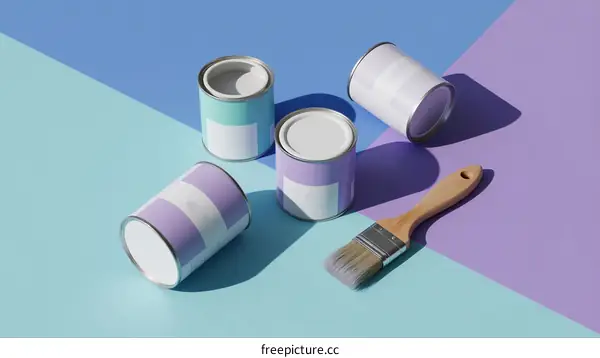 Five Colorful Paint Cans and a Brush on Colorful Background
