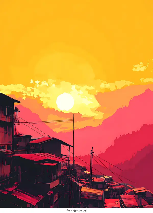 Sunset Over Cityscape Illustration