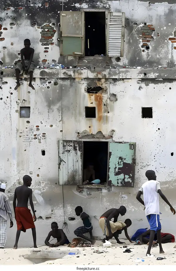 Children Playing in Front of a Damaged Building