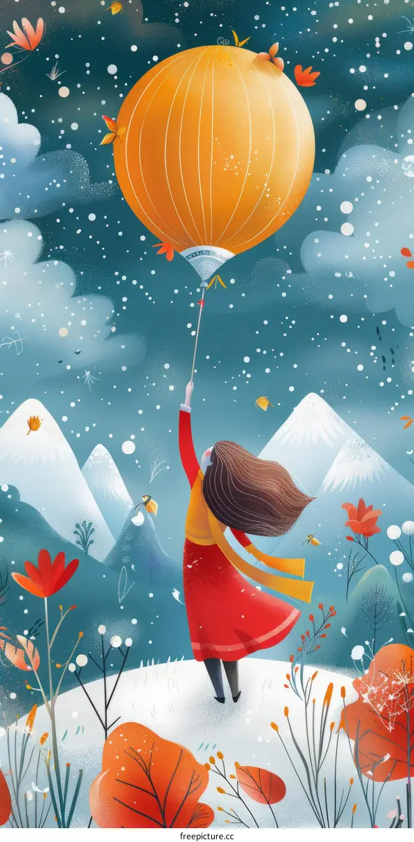 girl in red dress holding a balloon in a snowy mountain