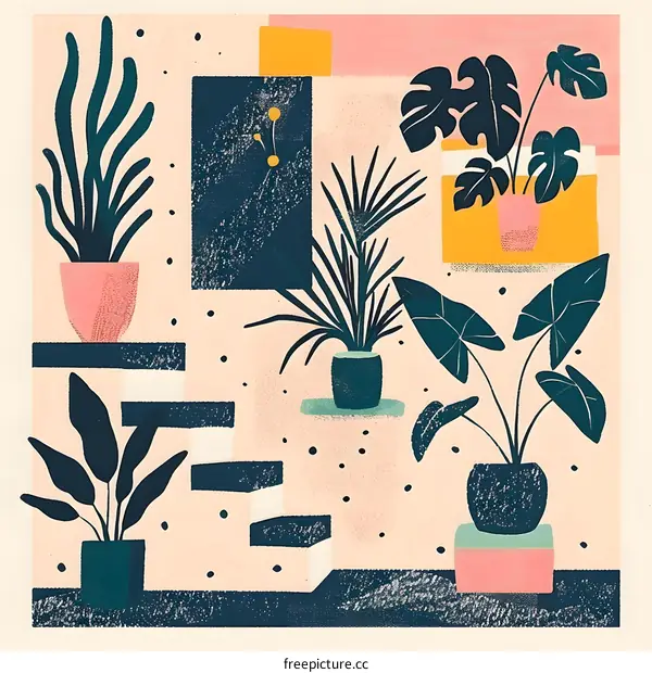 Abstract Illustration of Potted Plants with Geometric Shapes in a Light Pink Background