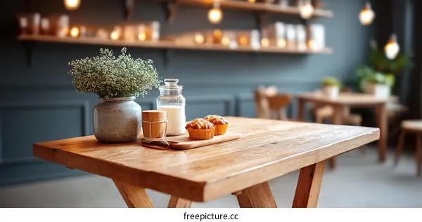 Cozy Cafe Table Setting with Cupcakes and Milk