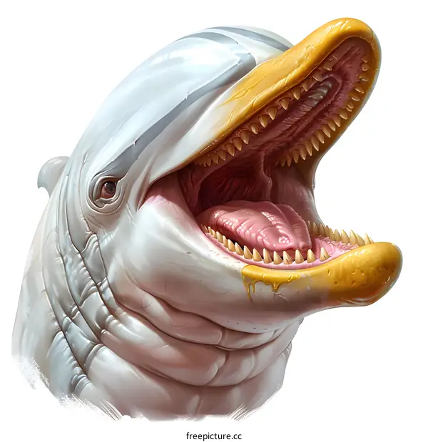 A digital painting of a dolphin with sharp teeth and a yellow beak.