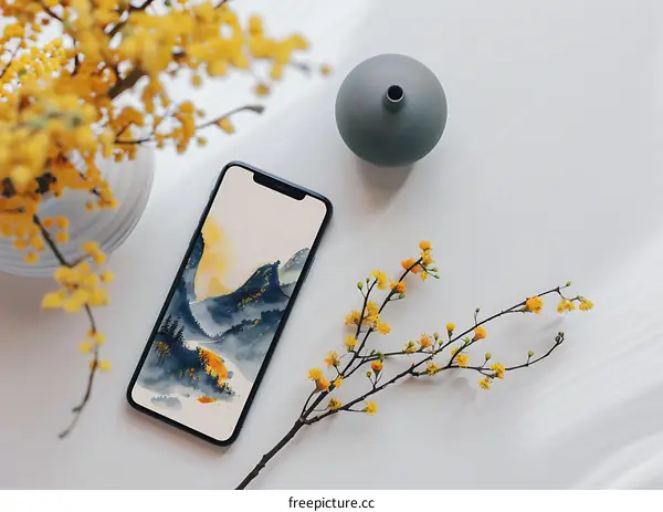 Smartphone with Watercolor Mountain Landscape Wallpaper