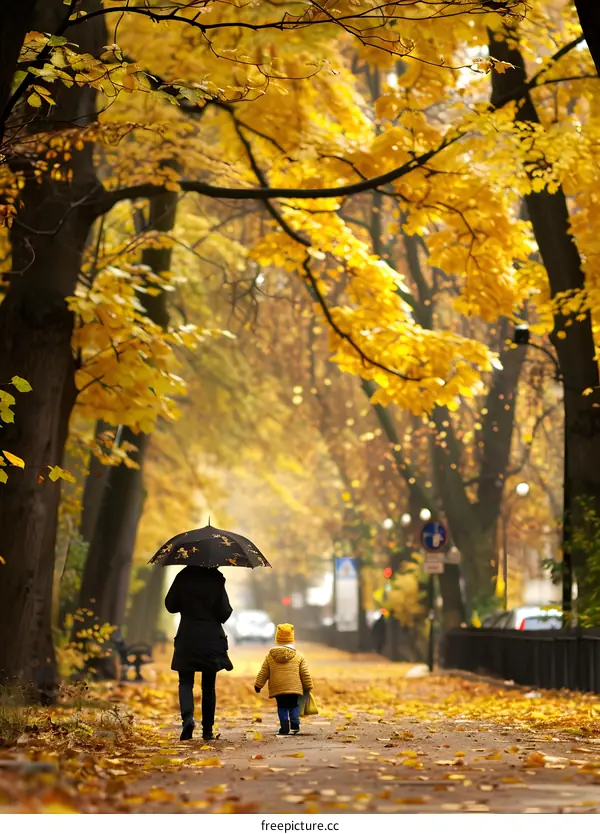 Mother and Child Walking in an Autumn Park