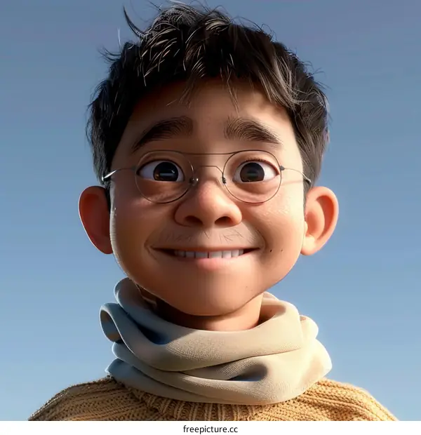 An expressive 3D rendering of a young boy with glasses and a warm smile