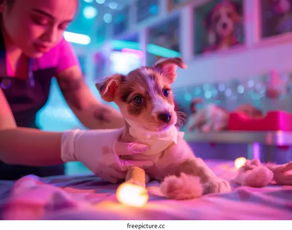 Young woman holding a puppy in her arms