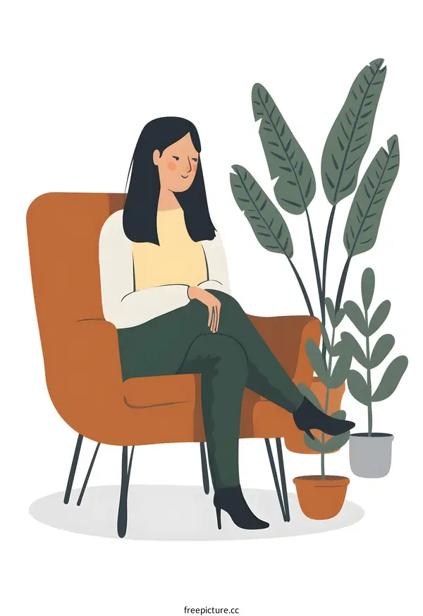Woman Sitting in Armchair with Plants