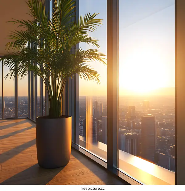 Palm Tree in Modern Office with City Skyline View