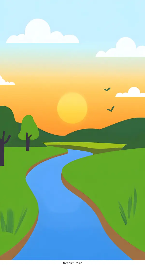 Sunrise Over River And Green Hills