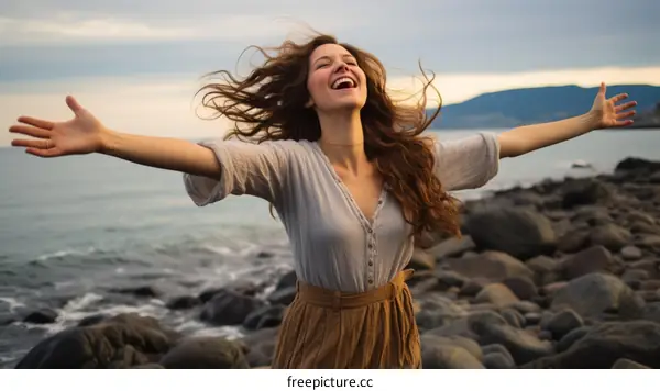carefree woman standing on rocky beach with arms outstretched