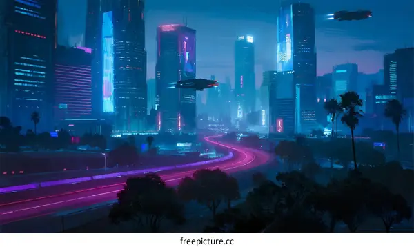 Futuristic Night Cityscape with Hovercrafts and Glowing Roads