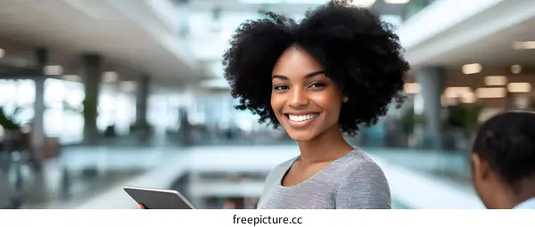 Smiling African American Woman Holding Tablet in Modern Office