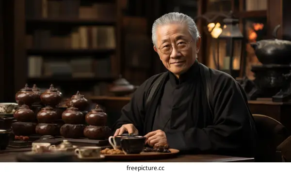 Portrait of a smiling elderly Asian man sitting at a table in a traditional Chinese setting