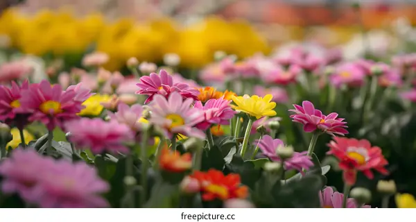 Pink and Yellow Flowers in a Garden