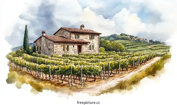 Watercolor Painting of Vineyard and Farmhouse in Italy
