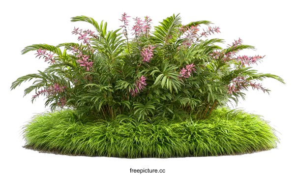 [Transparent Background PNG]Tropical Plants with Pink Flowers and Green Grass