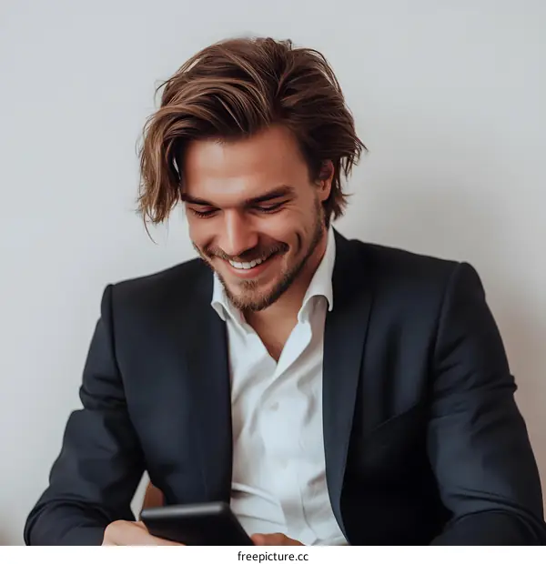 Smiling Man in Suit Using Smartphone