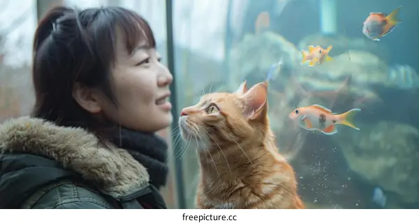 A ginger cat and a woman looking at an aquarium