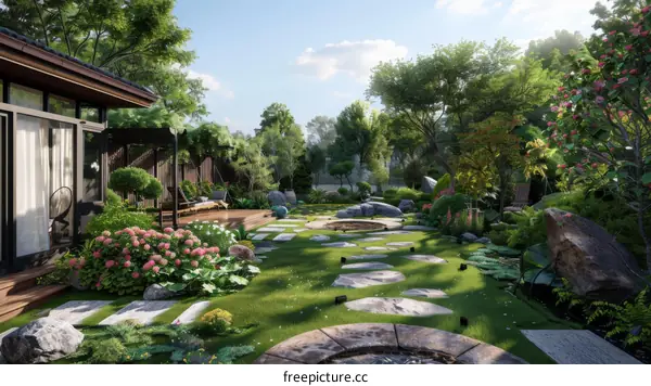 Zen Courtyard with Stepping Stones and Deck