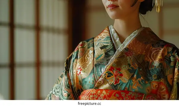 A woman wearing a kimono with traditional Japanese hair and makeup