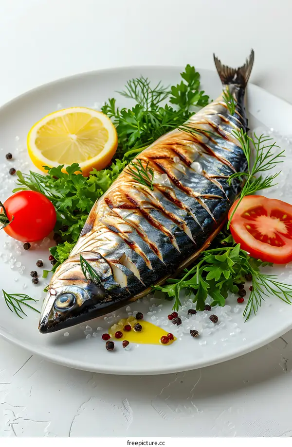 Grilled mackerel fish with herbs and lemon on white plate