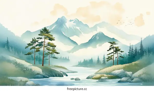 Misty Mountain Landscape Watercolor Painting