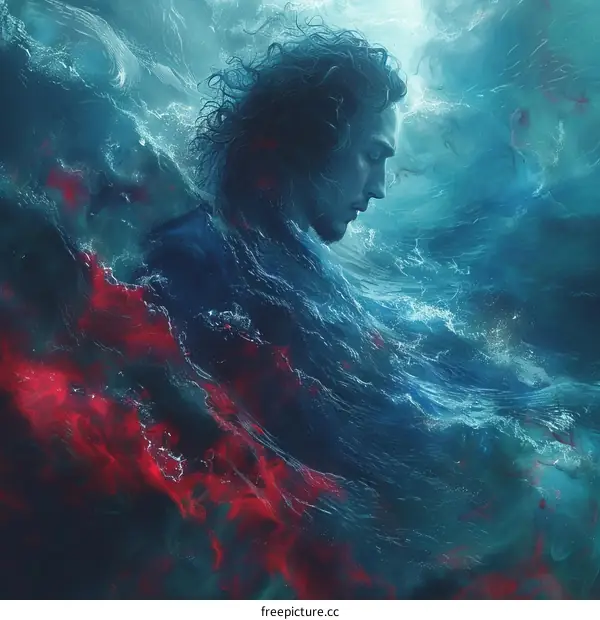 Man drowning in the water with red and blue abstract waves
