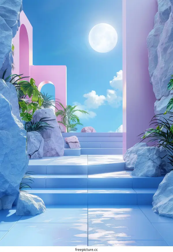 Blue and Pink Minimalist Architecture with Moon