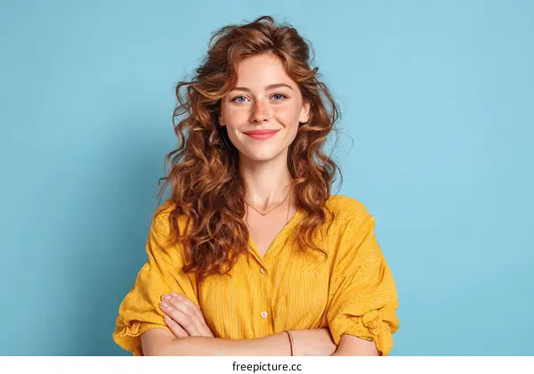Smiling Woman in Yellow Dress against Blue Background