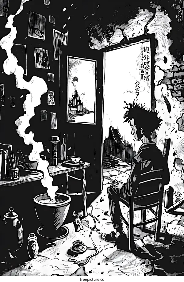 A man sitting on a chair in a ruined room