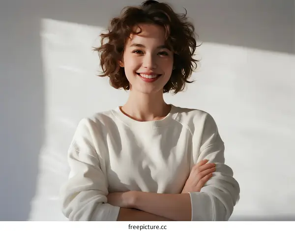 Smiling woman with curly hair wearing white sweater standing with arms crossed