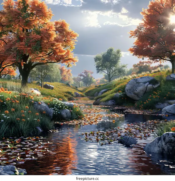 A picturesque landscape with a river, vibrant trees, and blooming flowers