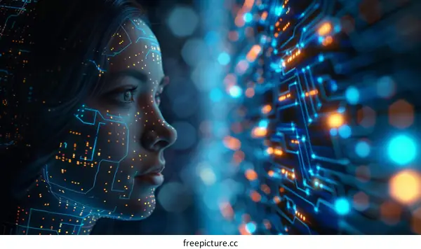 A woman's face with a circuit board pattern on it
