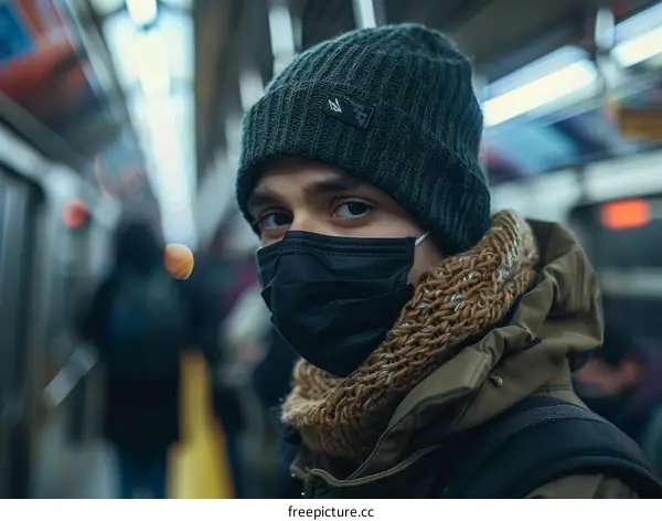 Portrait of a young man wearing a mask on a subway platform